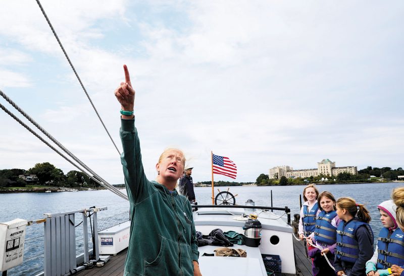 Gretchen Carlson, program manager at the Gundalow Company, teaches children about the science and history of Seacoast waterways. (Photo by Cheryl Senter.)