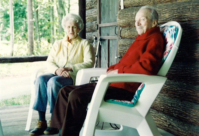 Marguerite Wellborn and her husband sit on the porch of their cabin in Bradford, VT. Photo courtesy of Sally Wellborn.